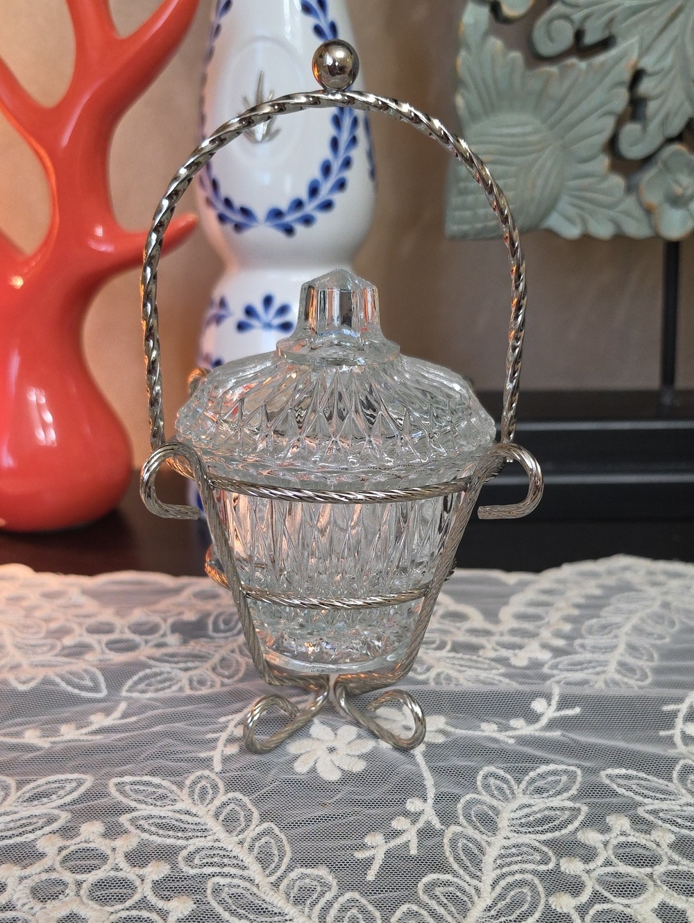 VTG 1970 Cut Crystal Covered Dish with Silver-Tone Basket